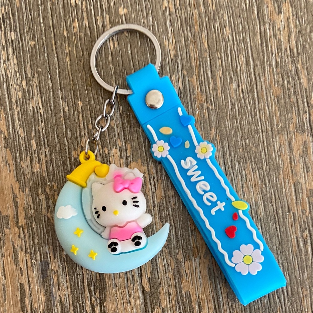5/$10❤️❤️❤️NEW Hello Kitty Moon Keychain with Pink Bow and Blue Strap